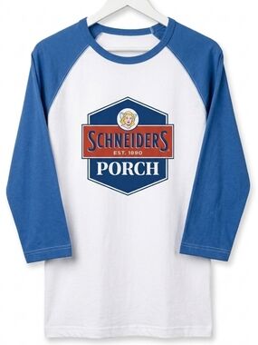 ​Vintage Schneiders Porch Graphic Baseball Tee Blue White 3/4 Sleeve